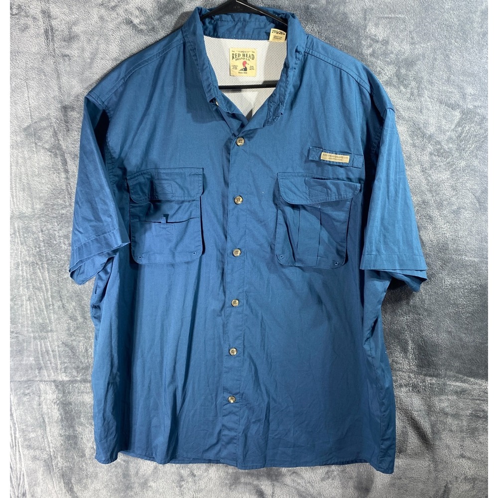 RedHead Shirt Mens 2XL Blue Teal Short Sleeve Fish Button-Up Utility Outdoor Top